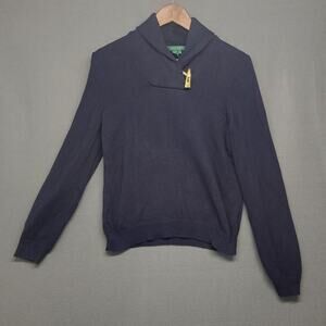 Ralph Lauren LRL Women Sweater Petite Medium Navy Shawl Collar Toggle Knit